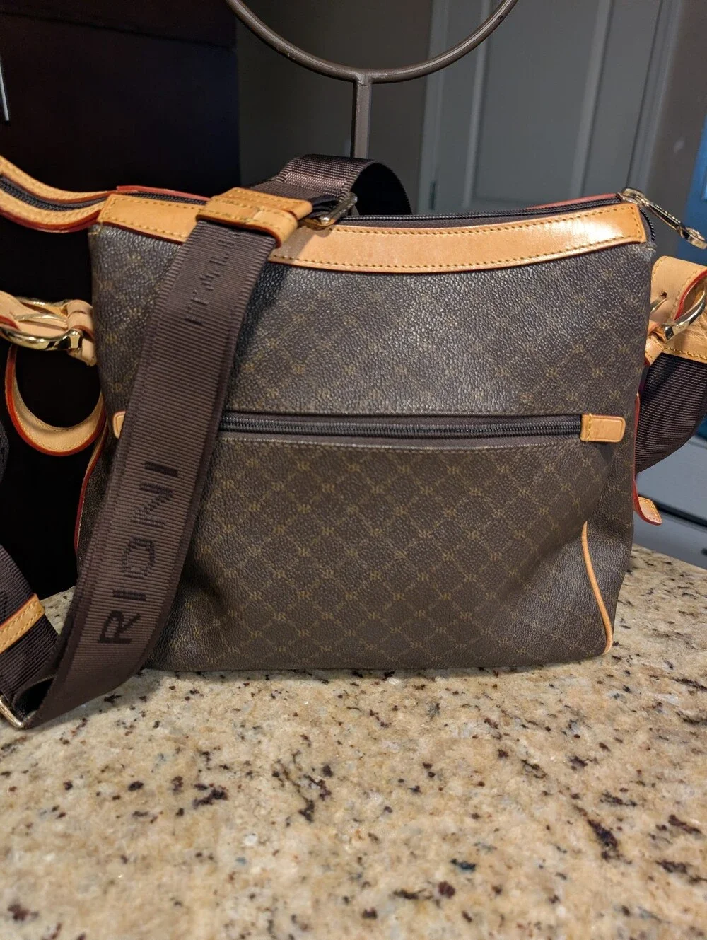 Rioni Signature Brown Monogram Messenger Bag Leather Accents Italian Crossbody